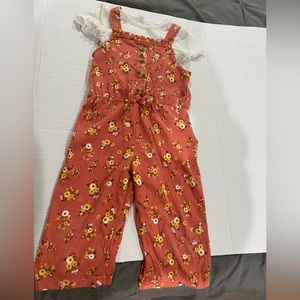 Little lass girls burnt orange floral pant romper with white shirt size 4